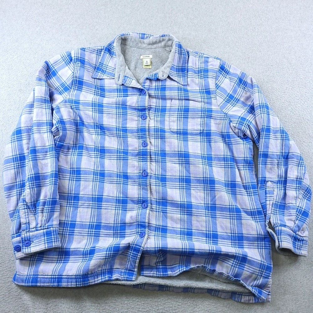 L.L.Bean Top Womens XL Blue Plaid Sherpa Lined Flannel Shirt Jacket Shacket